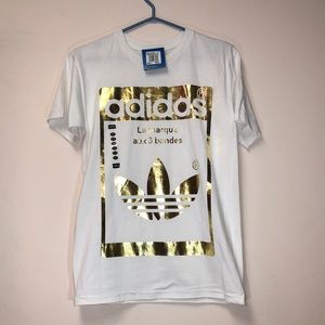 adidas gold and white tee